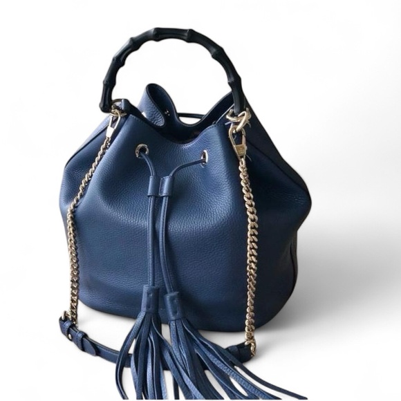 Gucci Handbags - Gucci Miss Bamboo Blue Leather Bucket Bag Navy Blue